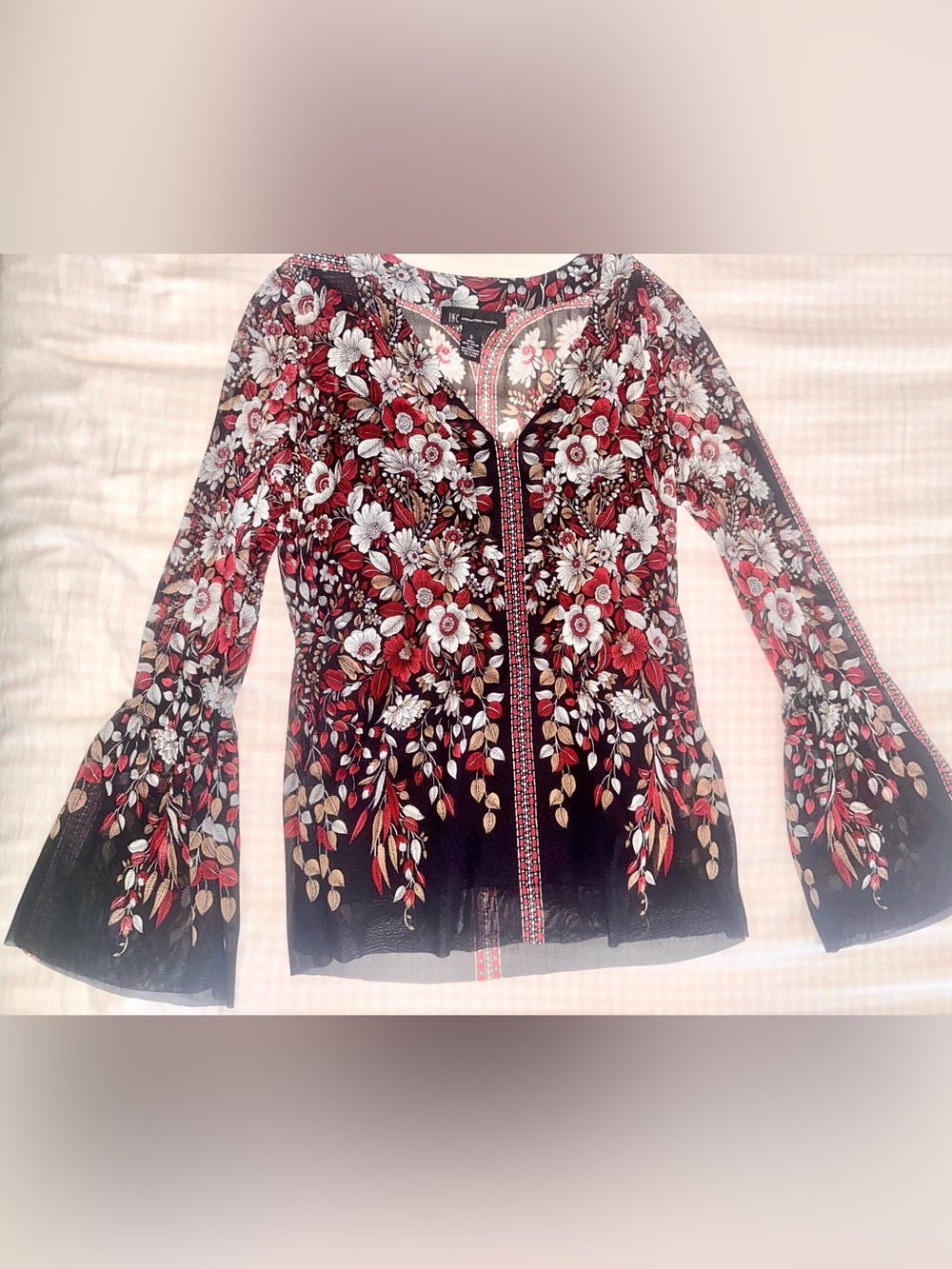 INC International Concepts Red Black White Floral V-Neck Top